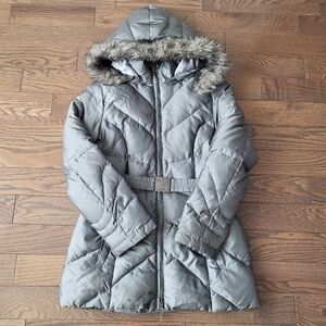 RW&CO Women's Gray Quilted Coat with Faux Fur Hood